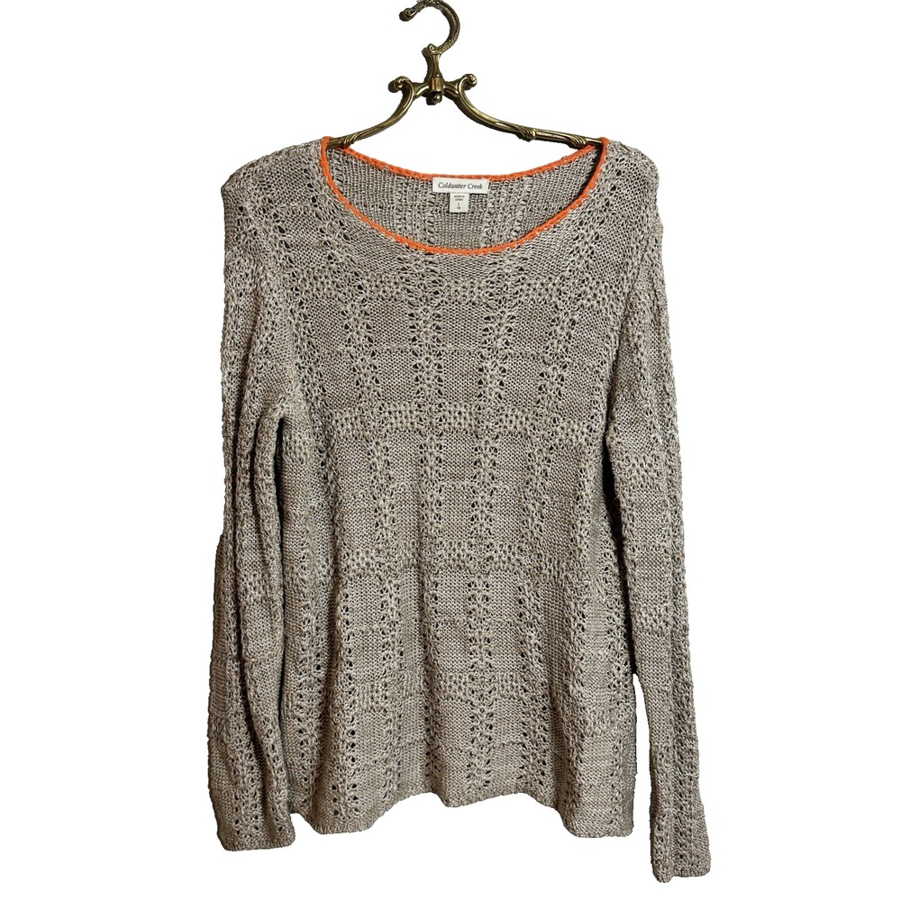 Coldwater Creek Women Beige Metallic Orange Collar Open Pullover Sweater L Linen